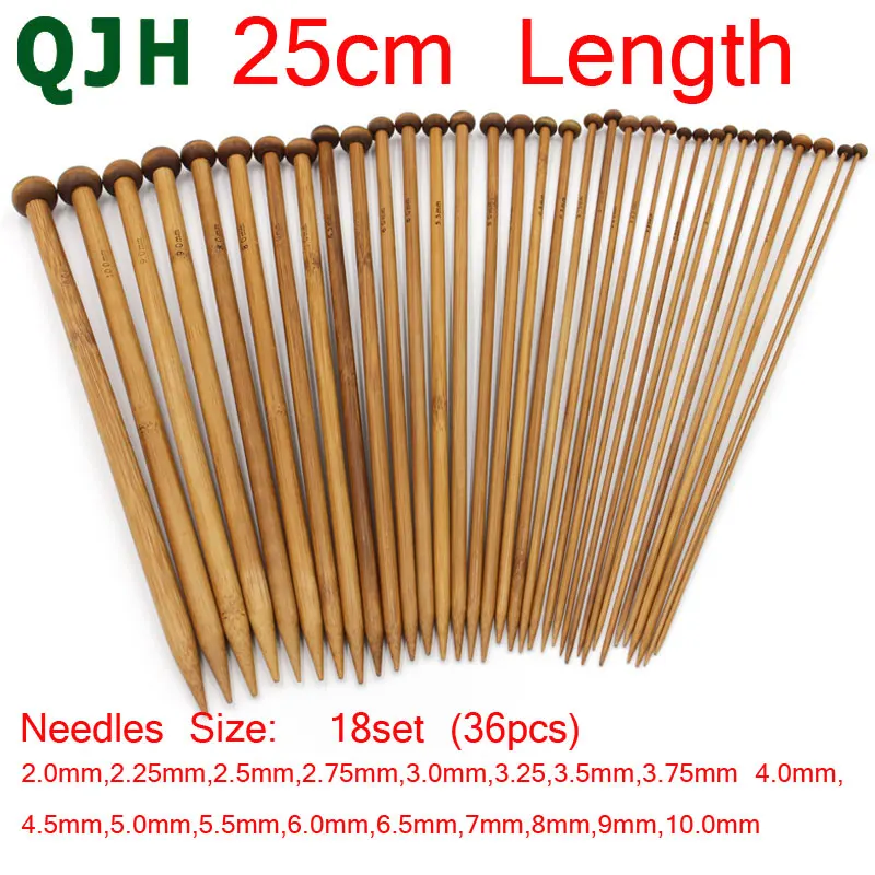 QJH Brand 36Pcs 18 Sizes Bamboo Knitting Needles Single Tip Point Round Crochet Needles Household DIY Weaving Knitting Tools 027