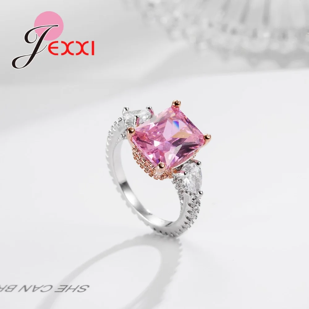 Gorgeous Purity Style Wedding Engagement Fingers Rings For Women Bridal Big Square Pink Austrian Crystal Noble Symbol