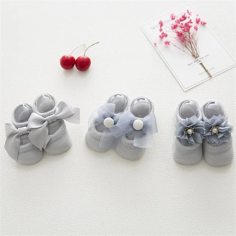 3 Pairs/Lot Lace Floral Newborn Baby Socks Cotton Anti-Slip Kids Floor Socks Bow Baby Girl Socks Summer Style Girls Gift Sokken