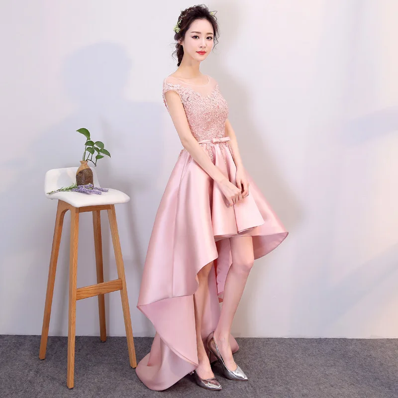 2019 Spring New Pink Evening Dress Short Front Long Back Banquet Party Dress Illusion O-neck Appliques Flower Haute Couture