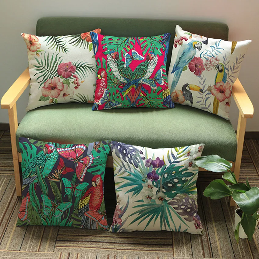 Tropical Plant Leaves Flowers Flamingo Bird Parrot Home Decoration Couch Cushion Office Chair Back Pillow for Sofa Linen Cotton