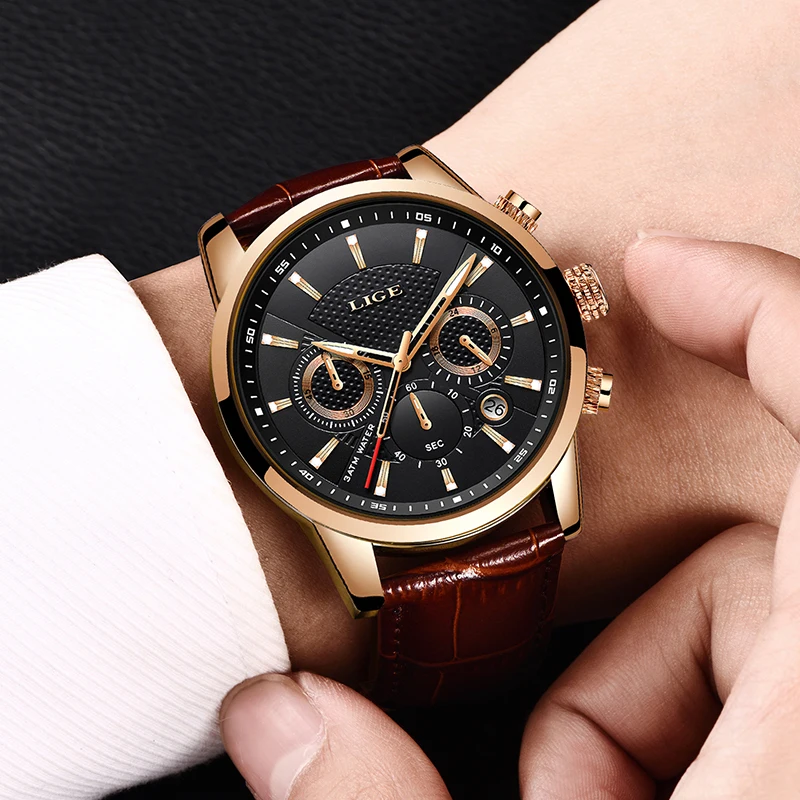 LIGE Mens Watches Top Brand Luxury Leather Casual Quartz Watch Men Military Sport Waterproof Clock Gold Watch Relogio Masculino