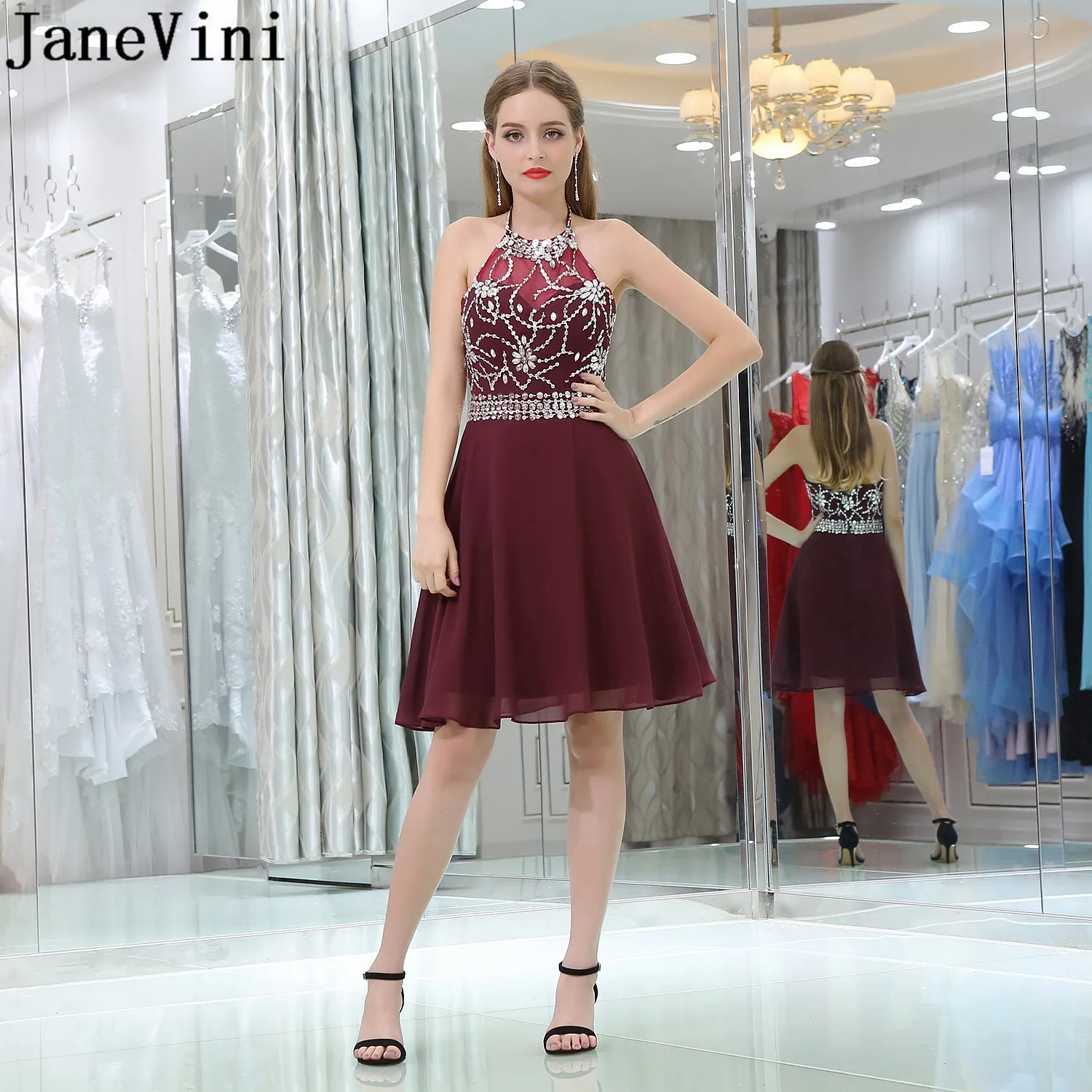 

JaneVini Sparkly Beaded Halter Homecoming Dress with Crystal Burgundy Short Formal Dresses Knee Length Chiffon Sequin Party Gown