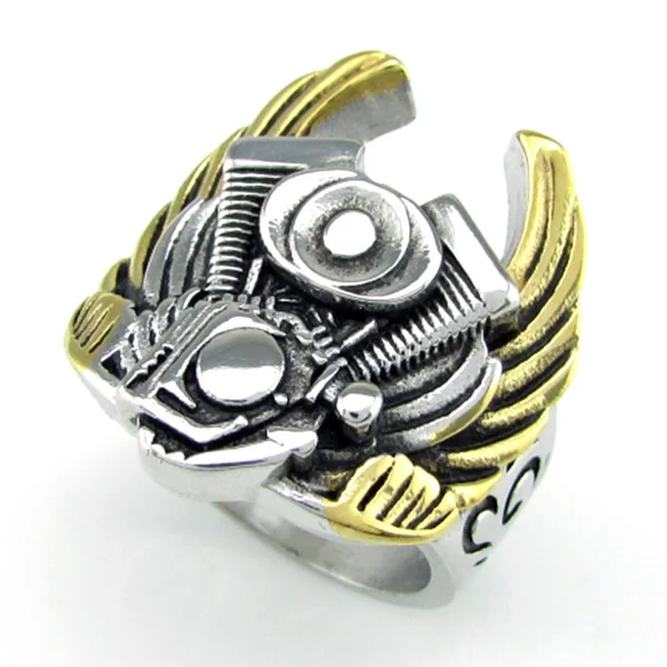 Punk 316L Stainless Steel Silver Color Gold Plated Wings Engine Biker Ring Men\'s Motorcycle Band Party Rings