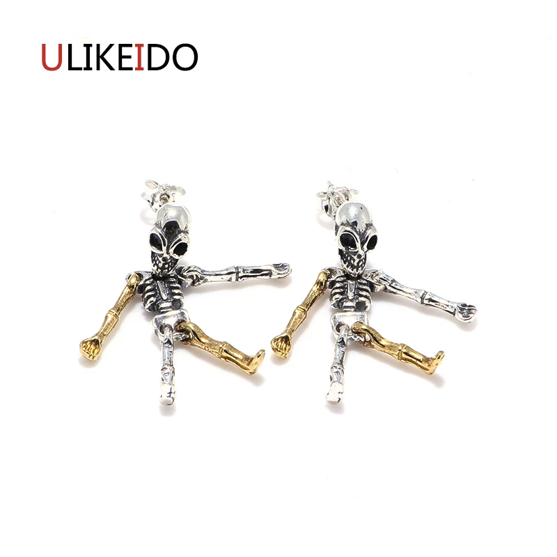 

100% Pure 925 Sterling Silver Skull Stud Earring Fashion Punk Thai Silver Skeleton Jewelry For Men And Women Special Gift 302