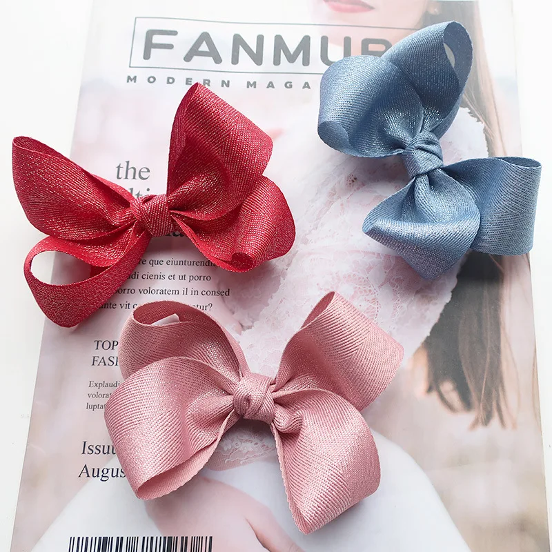 Boutique 20pcs Fashion Cute Glitter Ribbon Bow Hairpins Solid Color Bowknot Hair Clips Princess Headwear Hair Accessories