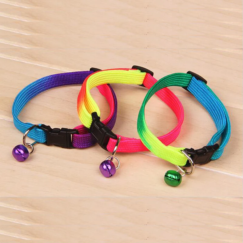 Rainbow Color Pet Dog Cat Collar with Bells 1cm Width Adjustable 24-34cm Length for Small Dogs Holiday Beauty