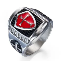 US 7 to 14 Mans Stainless Steel Titanium Red Armor Shield Knight Templar Crusade Cross Signet Ring Medieval Signet Retro Vintage