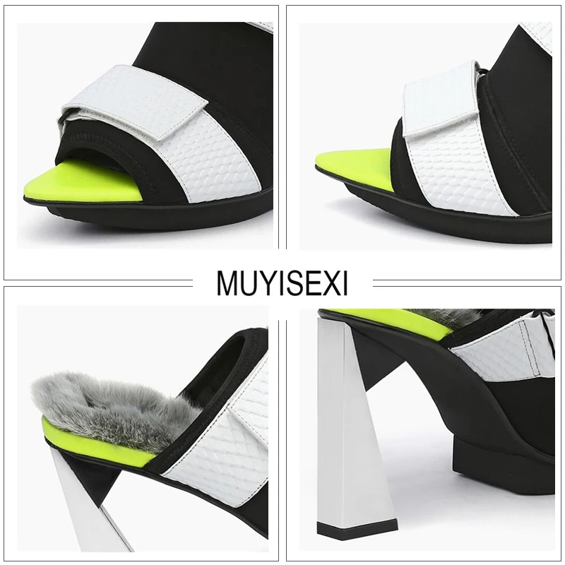 Women Mules Genuine Leather Platform with Rabbite Fur 11cm Extreme High Heels Slippers Women Pink Black White HL123 MUYISEXI