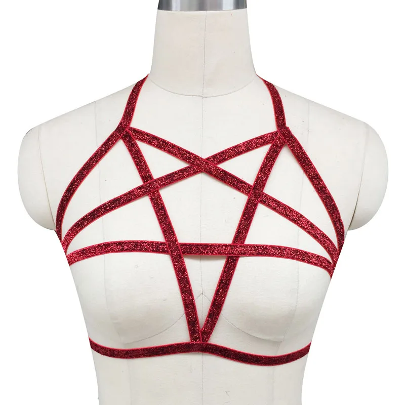 

Red Glittering Pentagram Bra Elastic Pentagram Harness Goth Witch Punk Grunge Rock Cage Bra Bondage Fetish Harness Belt O0246