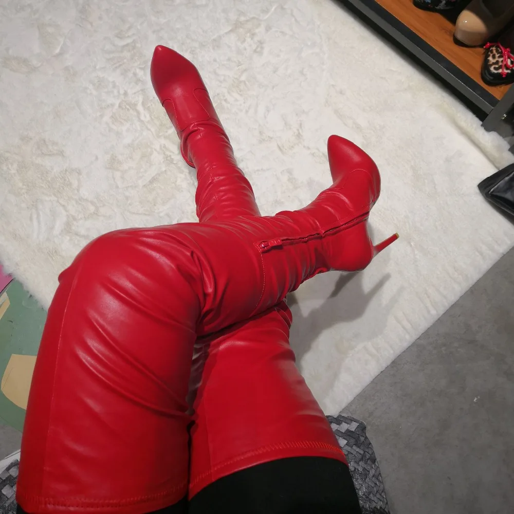 Botines Mujer 2024 Sexy Red High Heel Pointed Toe Zipper OverKnee Boots Leather Crotch Motorcycle Knee Thigh High Botines