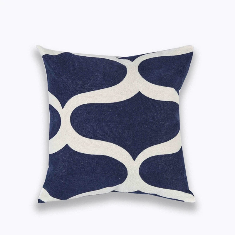 Emboridered Cotton Cushion Cover, Geometric Canvas Pillow Case, Blue Zigzag, Embroidery Pillow Cover, Home Decor, 45x45cm