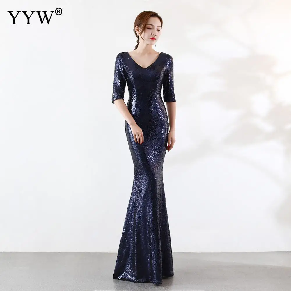 Luxury Gold Sliver Sequined Long Party Dress Women V Neck Backless Mermaid Evening Dress Half Sleeve Bodycon Sexy Nightclub Wear