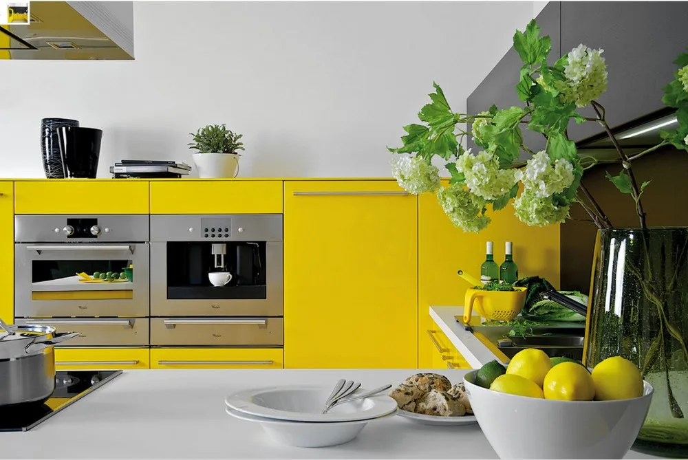 2017 modern kitchen cabinets contemporary yellow color high gloss lacquer kitchen furniture  L1606042