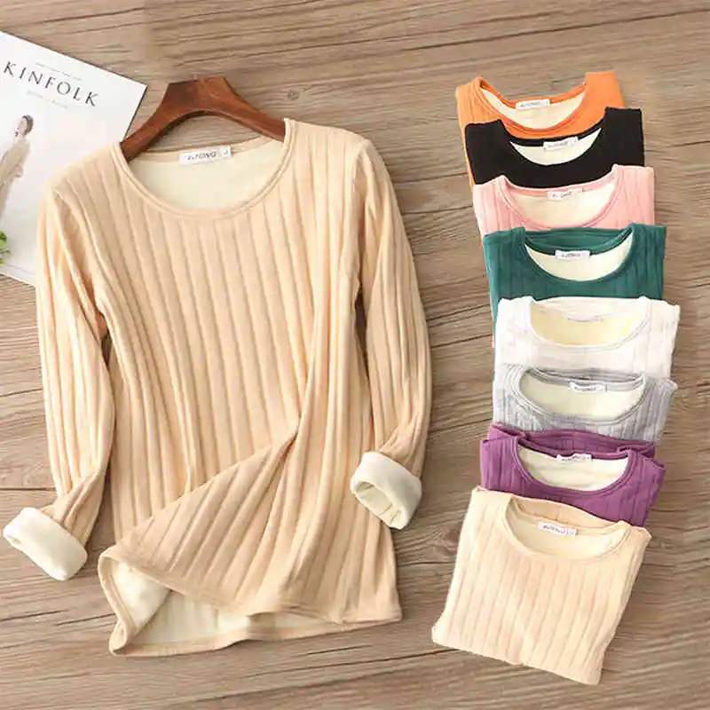 

2022 Autumn Winter Women Long Sleeve T Shirt Tees Warm Thick Velvet T-Shirts Female Underwear Bottoming Shirt Tops 3XL AB1529