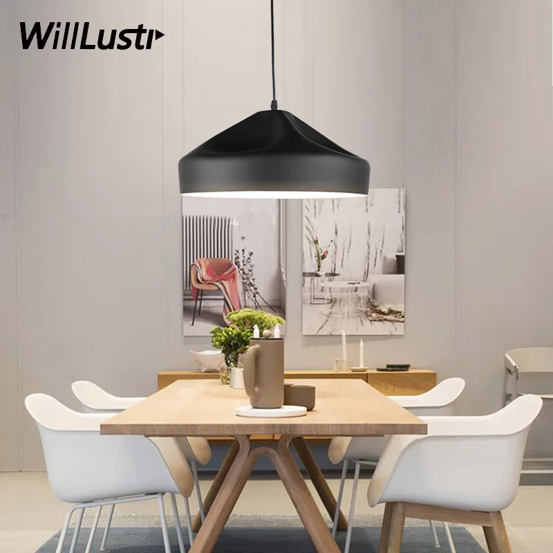 Modern Simplistic Pendant Lamp Metal Hanging Light Living Room Bedroom Hotel Hall Cafe Black White 2 Colors Suspension Lighting