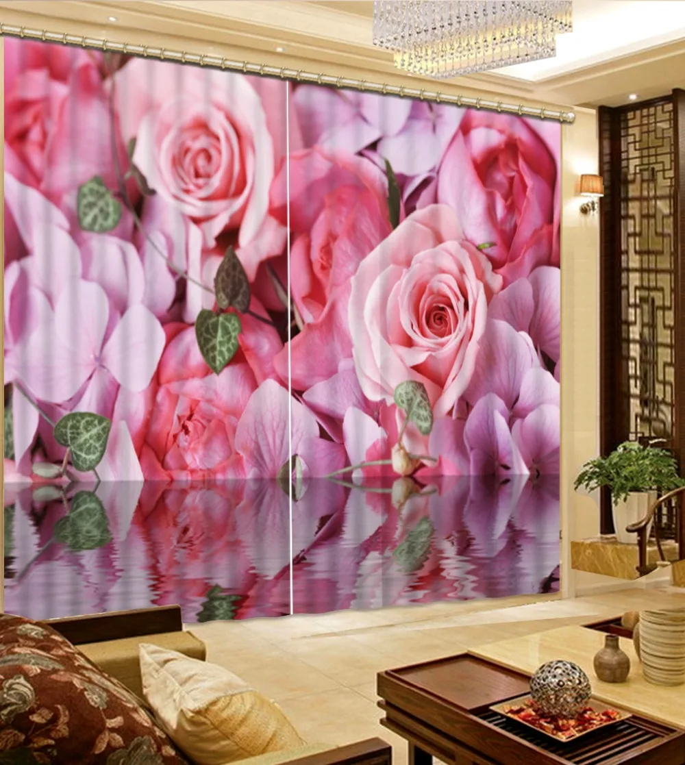 

High Quality Customize size Modern 3d curtain Home Decor Living Room Natural Art pink flower roses custom curtain