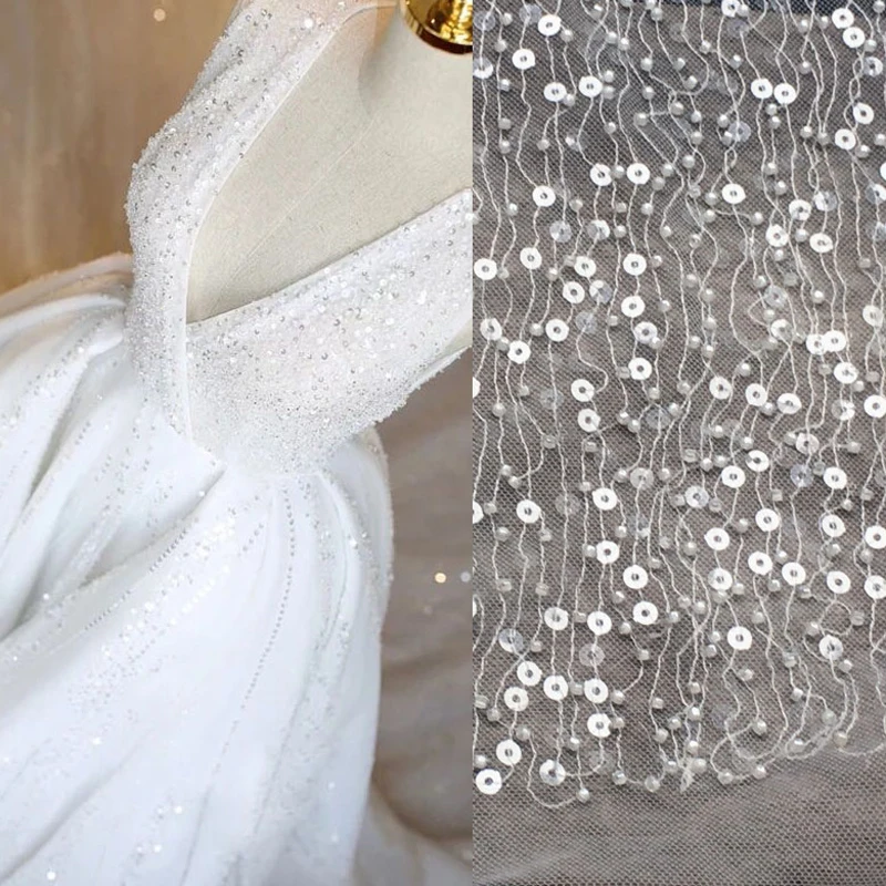 

1 Meter Handmade French Beaded Lace Fabrics 125cm Wide Sequins Fabric Luxury Full Beaded Bridal Lace Fabric for Wedding