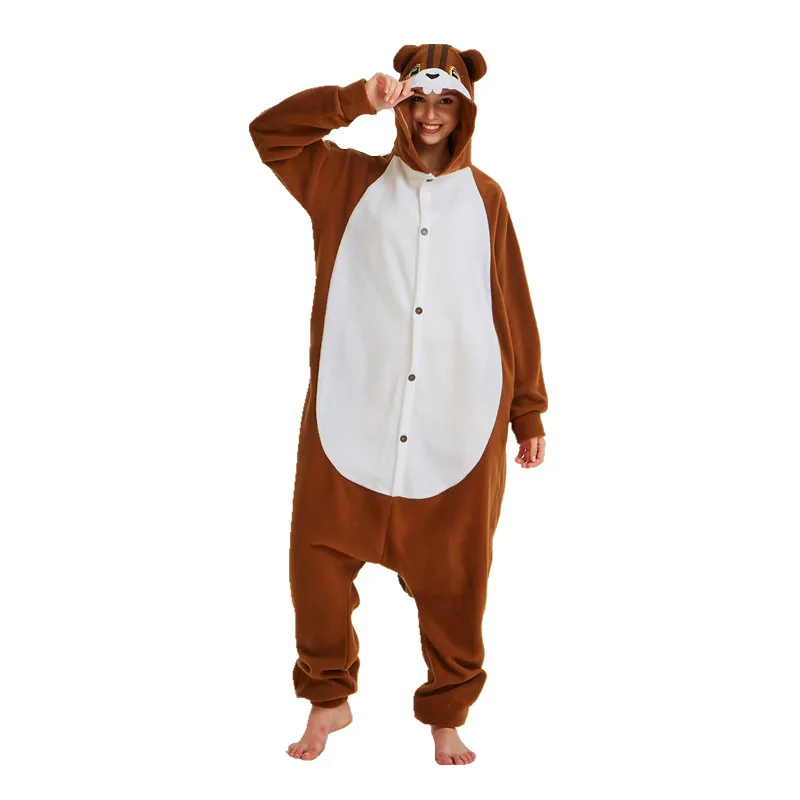 Coffee Squirrel Women Polar Fleece Kigurumi Men Cartoon Animal Onesies Pajama Adult's Halloween Carnival Party Jumpsuit