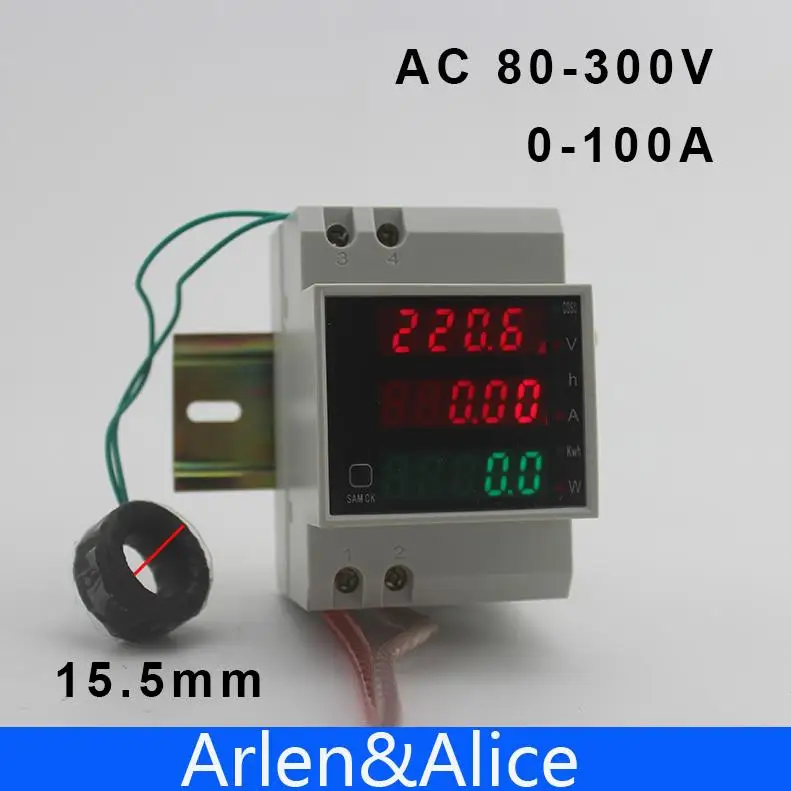 Din rail LED AC 80-300V 0-100.0A voltmeter ammeter display active power and power factor time Energy meter witch extra CT