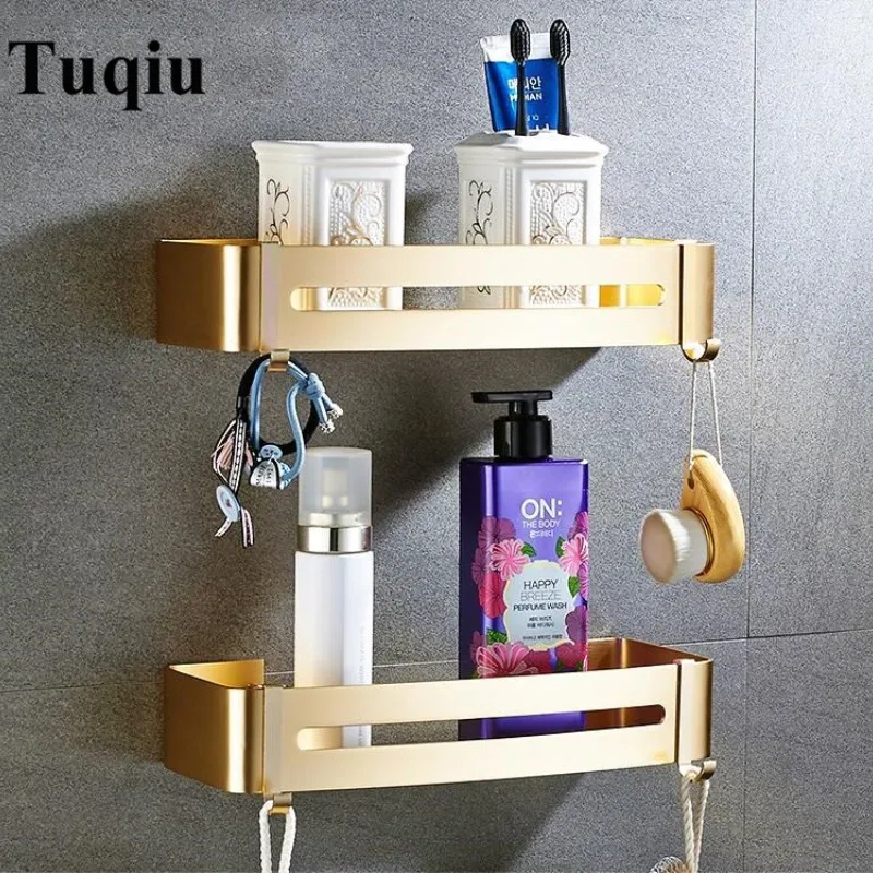 Brushed Gold Metal Bathroom Shelf Wall Storage Rack Washstand Drilling Large Wall Shelf for Storage 30/40/50/60cm Length Holder