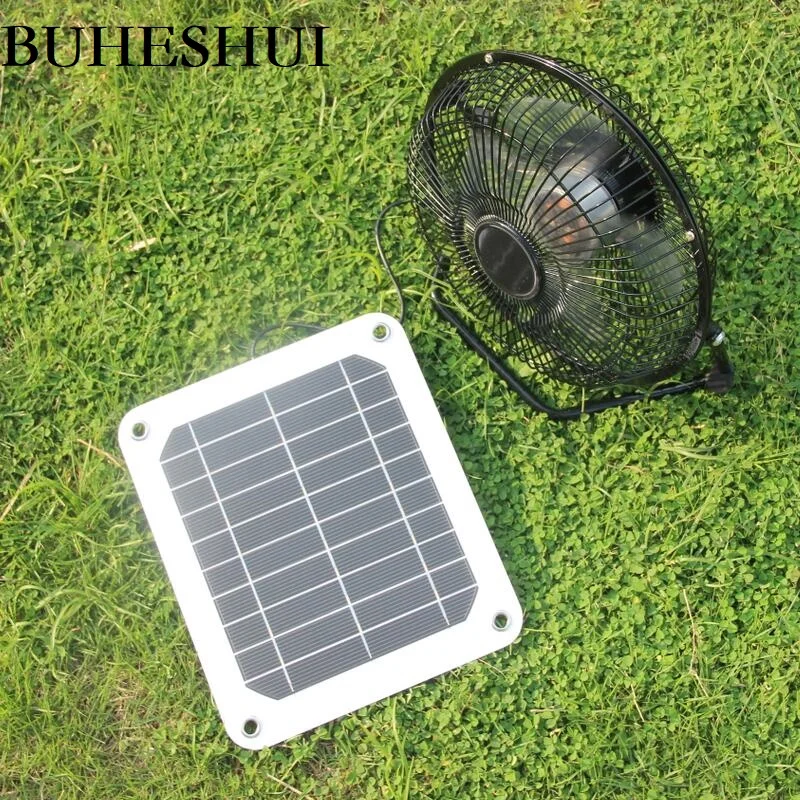 BUHESHUI 8 Inch Cooling Ventilation Fan USB 5W 6V Mono Solar Powered Panel Iron Fan for Home Office Outdoor Traveling Fishing