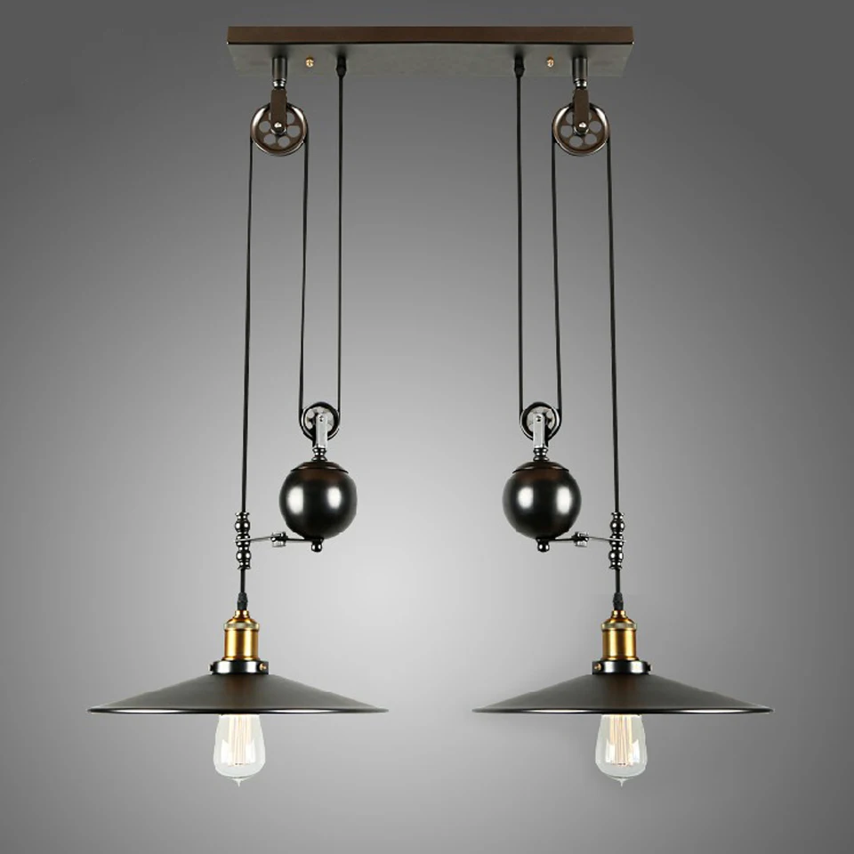 Loft Black Iron Pulley Pendant Light without Mirror Home Decoration Bar Kitchen Lamp E27 Edison Bulbs Lighting Fixtures