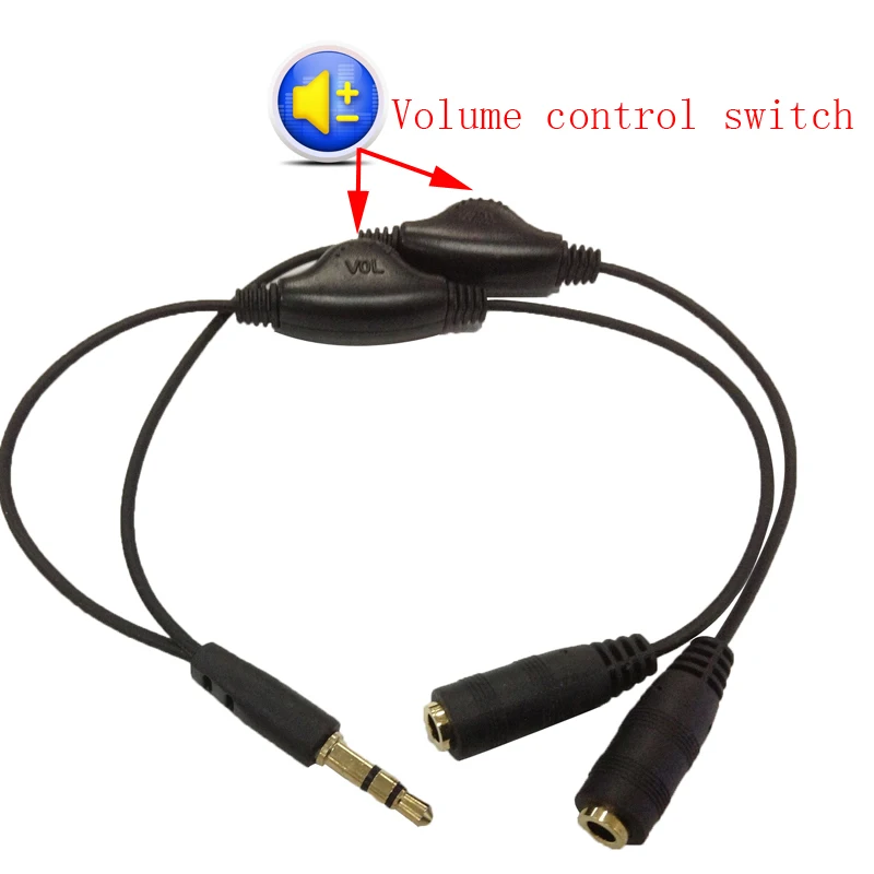 3.5mm 1 in 2 couples audio line Earbud Headset Headphone Earphone Splitter With Independent Volume Control