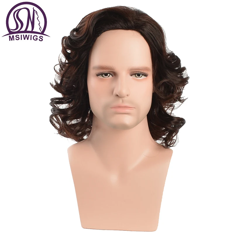 MSIWIGS Men Medium Wig Curly Dark Brown Colour Hair Synthetic for Male