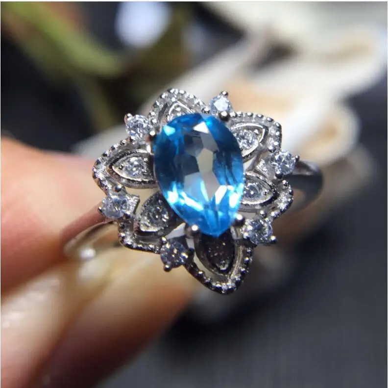 

Natural blue topaz ring Free shipping Natural real blue topaz 925 sterling silver Fine jewelry 5*7mm Gem