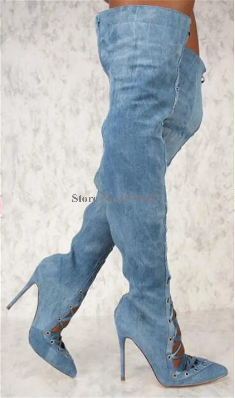 New Fashion Women Pointed Toe Blue White Denim Over Knee Gladiator Boots Lace-up Cut-out Thin Heel Long High Heel Boots Club