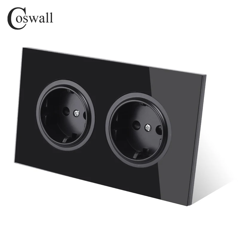 Coswall Crystal Tempered Pure Glass Panel 16A Double EU Standard Wall Power Socket Grounded With Child Protective Lock 146 Type