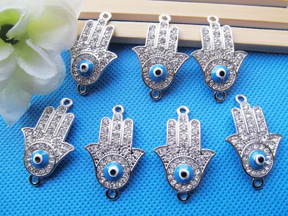 20pcs Silver tone Sideway The hand of Fatima Hamsa Connector Pendant Charm/Finding,31pcs White Rhinestone & 1pcs Blue Evil Eye