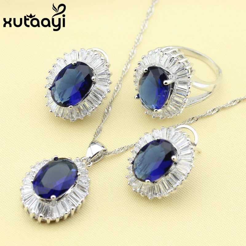 New Silver Color Jewelry Sets For Women Blue Zircon White Austrian Crystal Flawless Necklace Rings Earring Free Gift