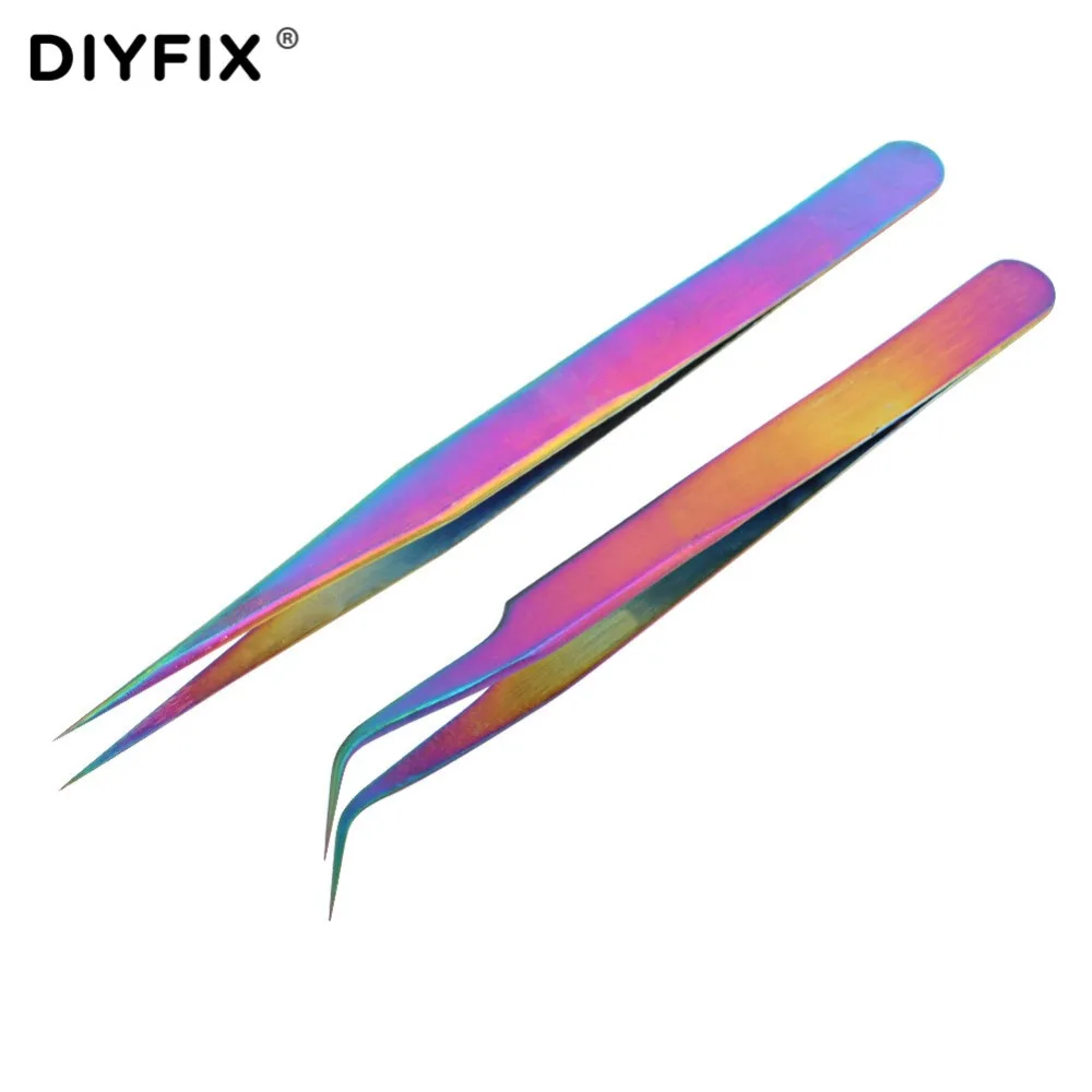 DIYFIX pinzas de precisión, pinzas de extensión de pestañas, puntas rectas curvadas, pinzas de galvanoplastia, juegos de herramientas manuales de punto fino, 2 uds.