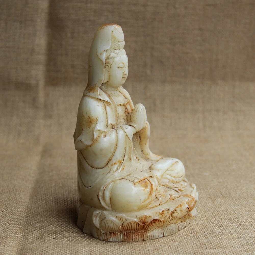 Imagem -04 - Chinês Branco Jade Mão-esculpida Sentado Rezar Lótus Guanyin Kwan-yin Bodhisattva Estátua