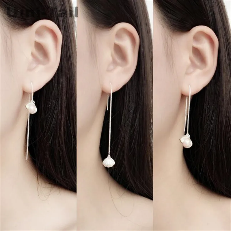 Uini-Tail hot new 925 Tibetan silver Korean sweet shell earrings long pearl tassel earrings wild temperament simple fresh ED245