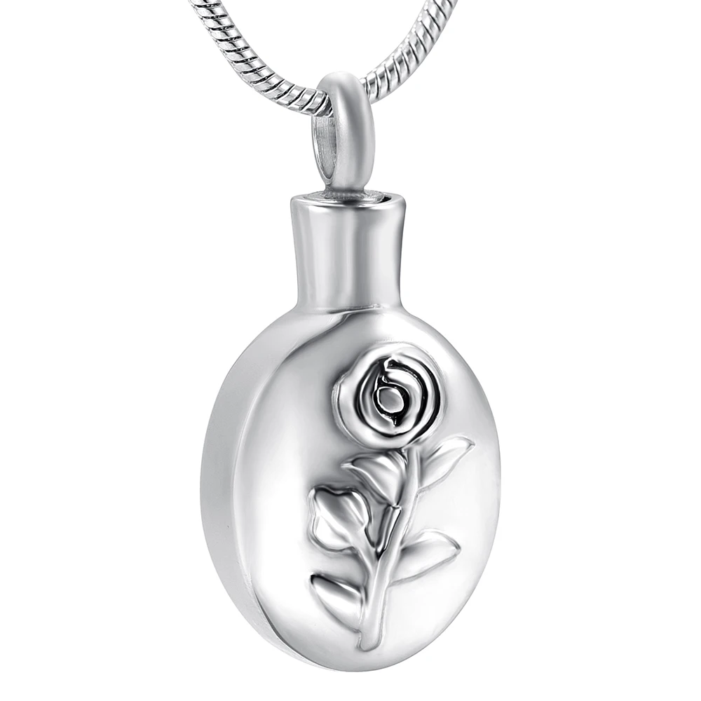 

IJD8357 Women Necklace Rose Flower Inlay Oval Shaped Memorial Urn Cremation Pendant Stainless Steel Jewelry for Ashes Keepsake