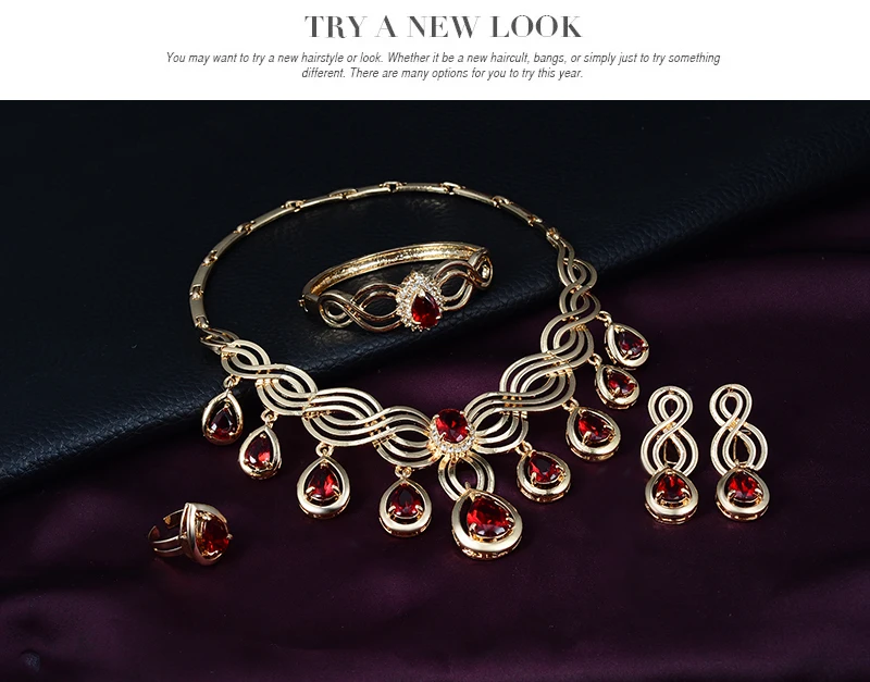 Fashion Austria Crystal Water drop Red Black Green Zircon necklace jewelry sets Classic design Gold color women Party gift