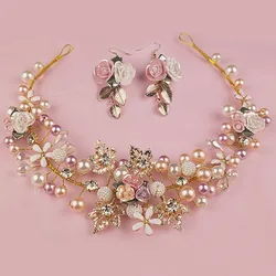 1 Set Gorgeous Handmade Pink Flower Headpieces Pearl And Crystal Bridal Headbands For Women Wedding Hair Accessories