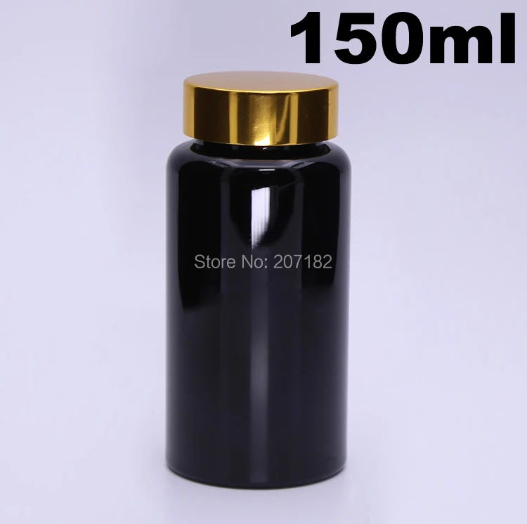 100PCS 150ml Black Color Light-proof PET Bottle, Plastic Bottle,Capsule Bottle, Pill Bottle-with Bright Gold Aluminum Cap