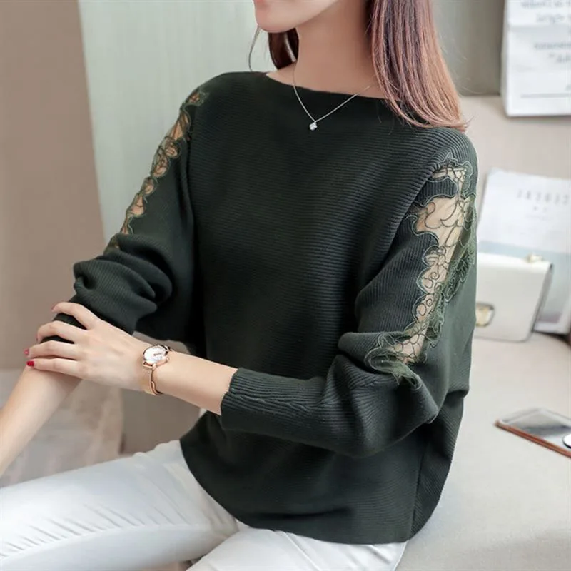 Women Loose Batwing Knitted Pullover Tops Lace Decoration 2019 Autumn Striped Sweaters With Holes Pullovers Fashion Jumper