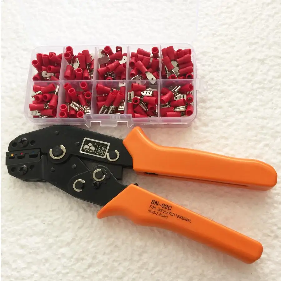 SN-02C In 0.25-2.5 MM2 Crimping Plier Hands Tool With 1 Box of 4.8 MM Female/Male Insulated Wire Terminal Connectors