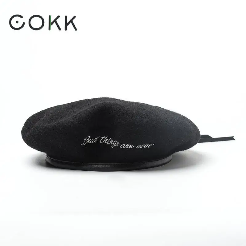 COKK Womens Hats Autumn Winter Wool Beret Embroidered Letter Leather Brim Beret Cap Hat Female Bones Femininos Boina Gorras New