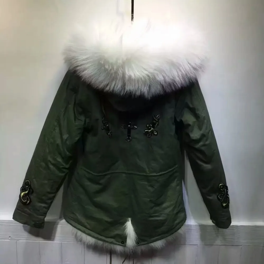 Pure White Fox Fur Lined Parka Winter Short Style For Women Beaded Real Fur Coat Ladies Warm Wear