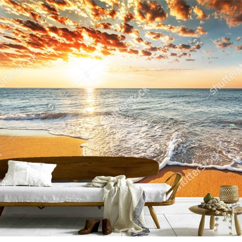 Beach wallpaper,Brilliant ocean beach sunrise,natural landscape for the living room bedroom store background vinyl wallpaper