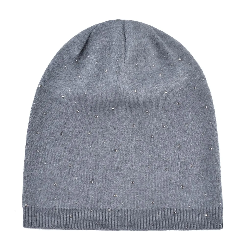 Ladies Fashion Rhinestone Pearls Beanie Women Autumn Winter Knitted Hats Women\'s Solid Color Bonnet Caps Female Knit Skullies