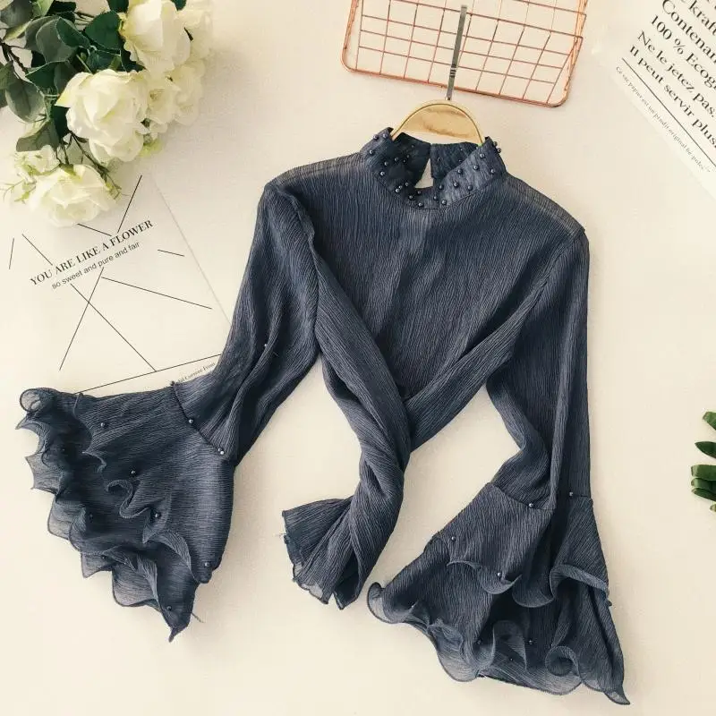 2018 autumn new female stand collar beading ruffles slim shirts women\'s flare sleeve vintage elegant blouses women top