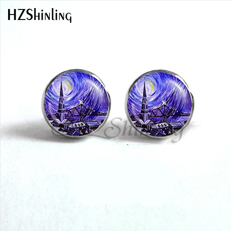 NES-0011 Van Gogh Almond Stud Earrings Branch in Bloom Art Earring Bridal Jewelry Van Gogh\'s Painting Glass Cabochon Earring HZ4