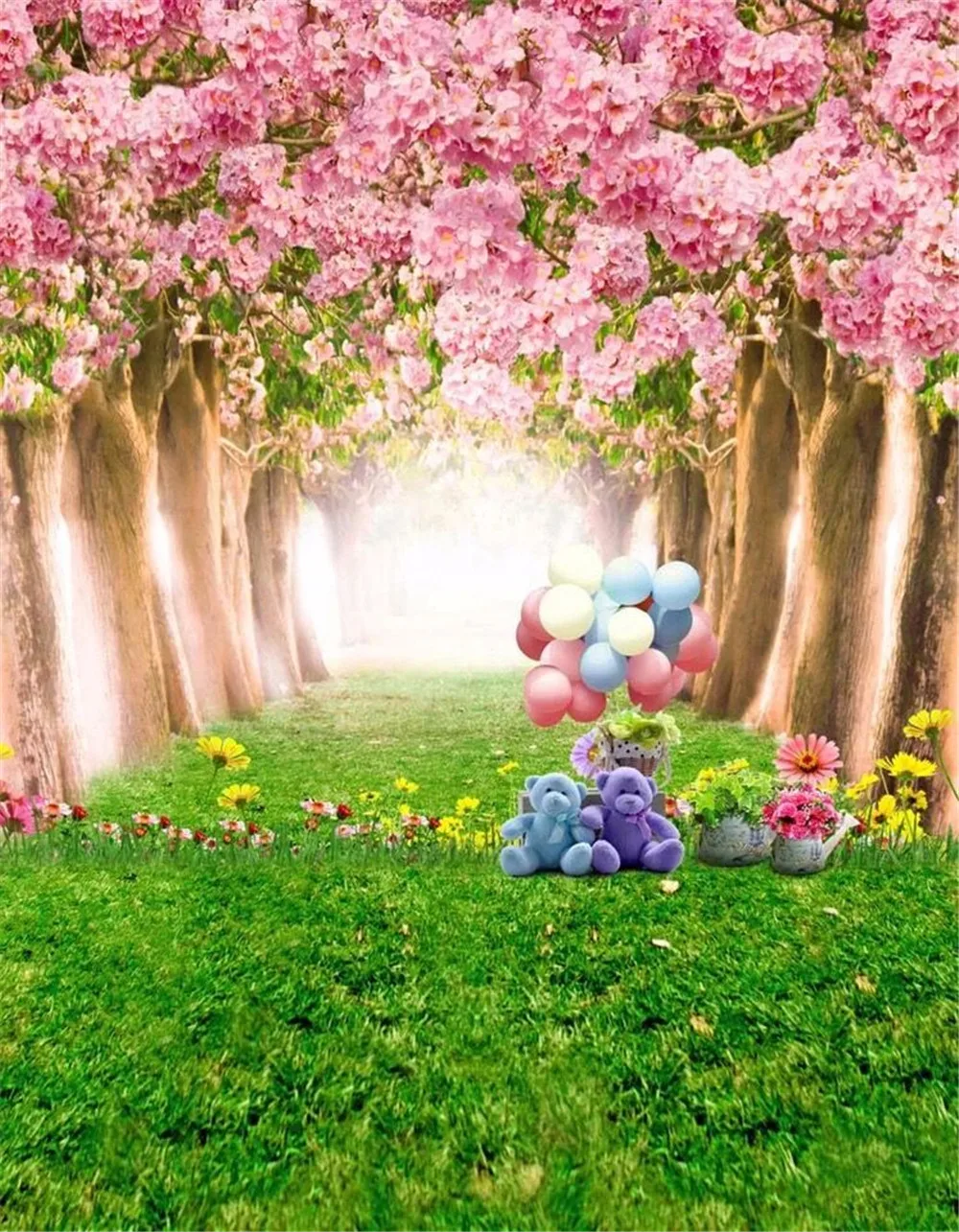 

Pink Cherry Flowers Trees Baby Photography Backdrops Printed Toy Bear Balloons Green Grass Kids Spring Blossoms Photo Background